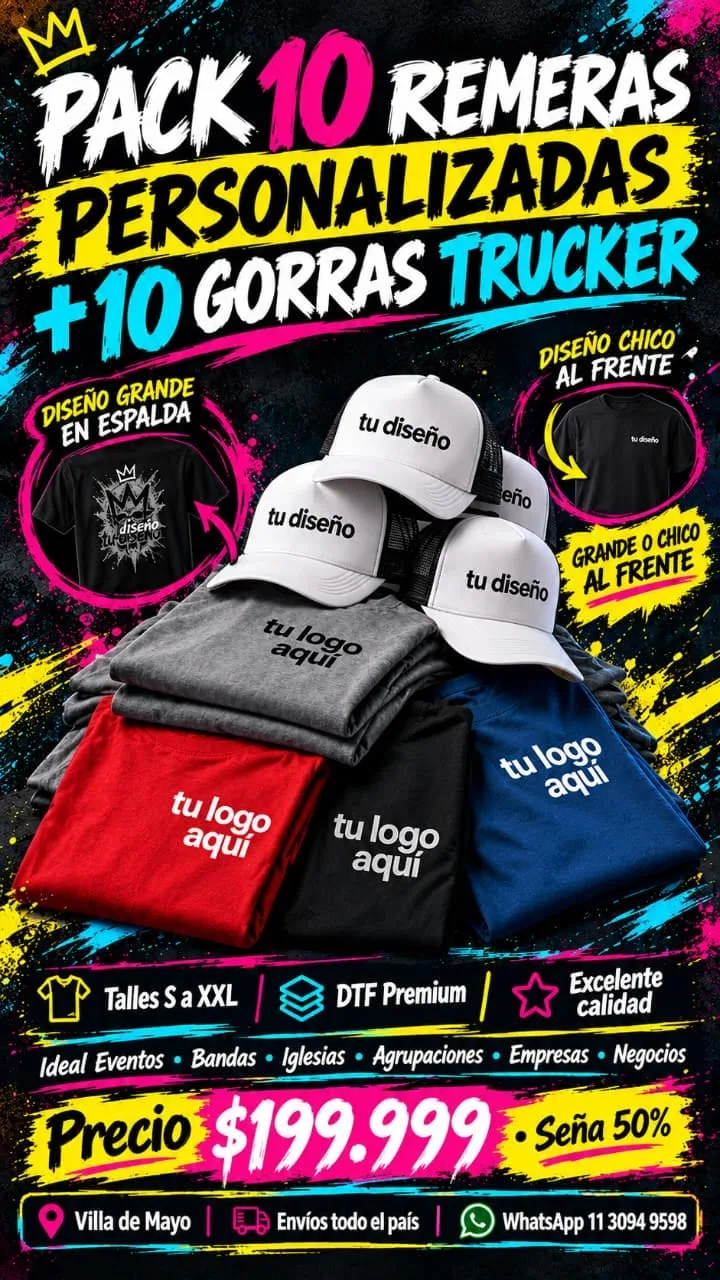 Pack 10 remeras personalizadas más 10 gorras trucker
